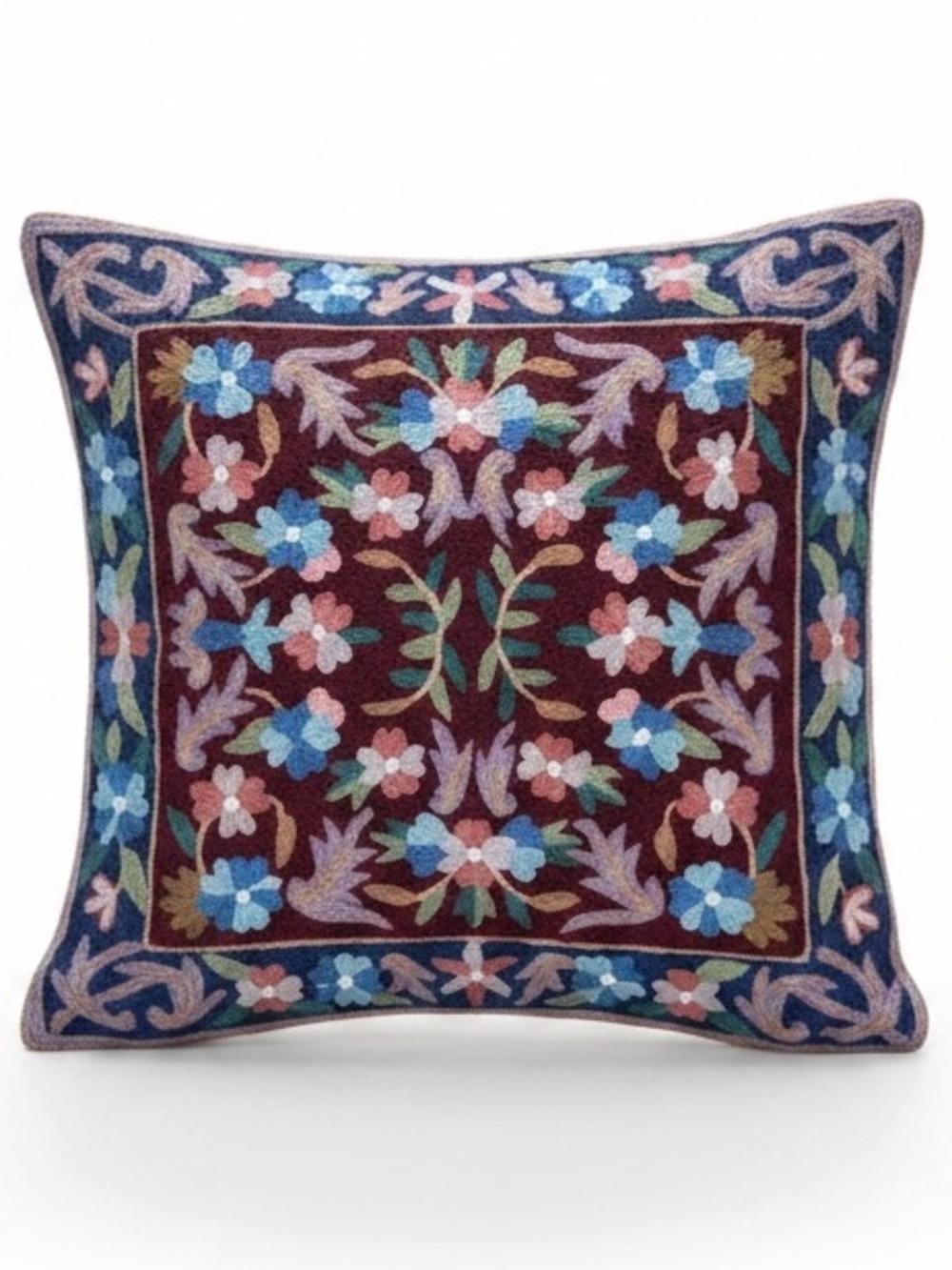 Kashmiri Wool Floral Crewel Embroidered Pillow Cover 16 X 16” NWOT